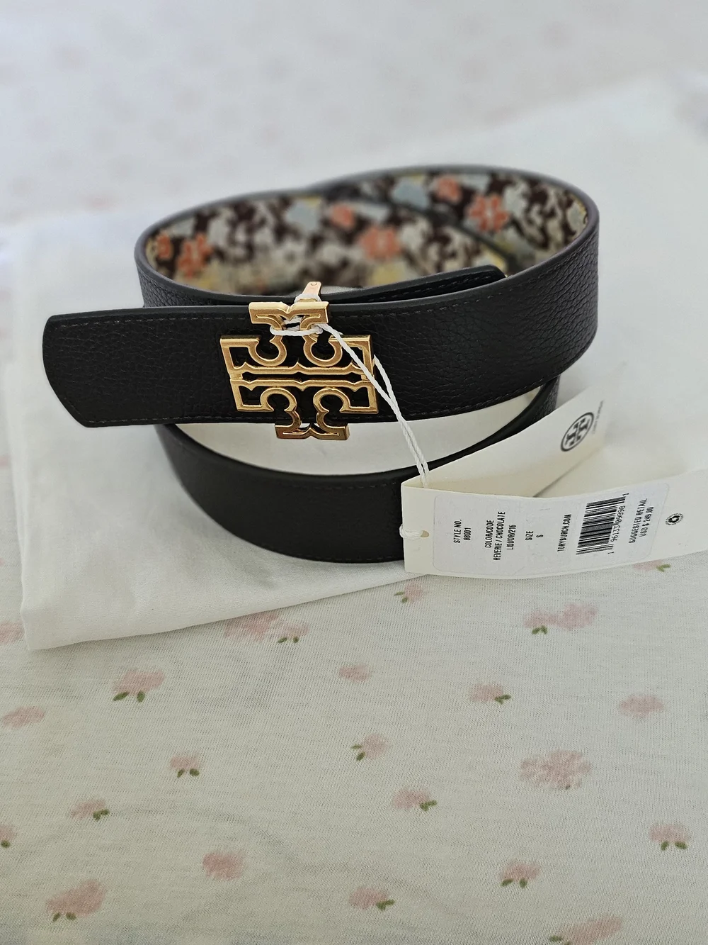 Tory Burch Reversible Logo Belt-chocolate with floral patterned